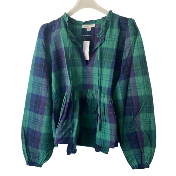 American Eagle XS green/blue plaid peplum long sleeve top. NWT - Picture 1 of 8